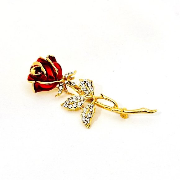 Single Enameled Rose Brooch w/Rhinestones - Picture 5 of 7